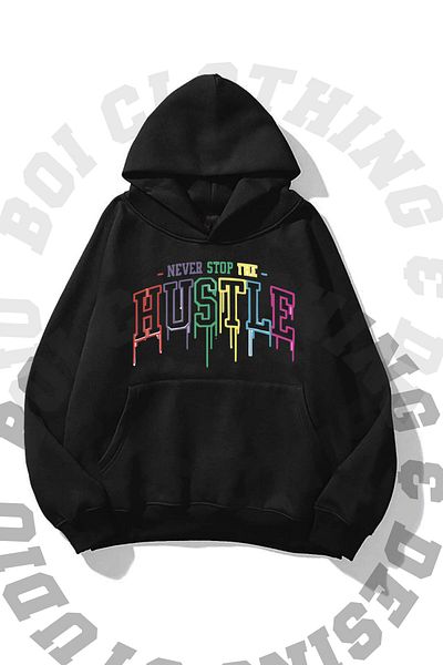 Boi Unisex Hustle Rainbow Design Printed Oversize Hooded Sweatshirt with Pockets 3 Thread Raster Hoodie