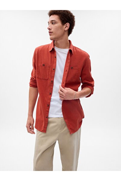 GAP Erkek Turuncu %100 Organik Pamuk Midweight Flannel Gömlek