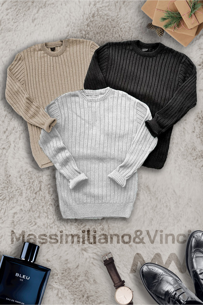 Massimiliano&Vinci 3-Piece Men's Knitwear Sweater Set Black, Beige, Gray