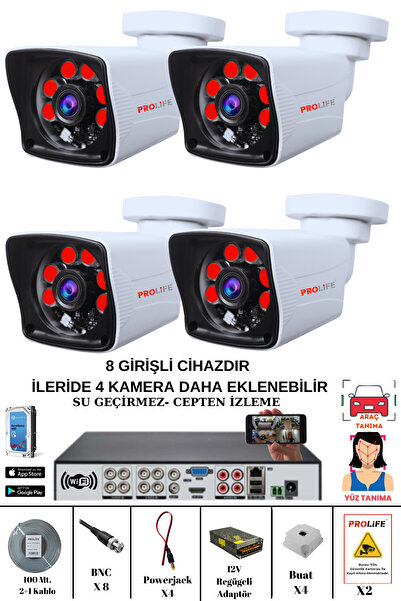 PROLİFE 4lü 5 Mp Fullhd Güvenlik Kamerası 8 Girişli Kayıt Cihazı Yüz Ve Araç Tanıma Özellikli Kamera Sistemi