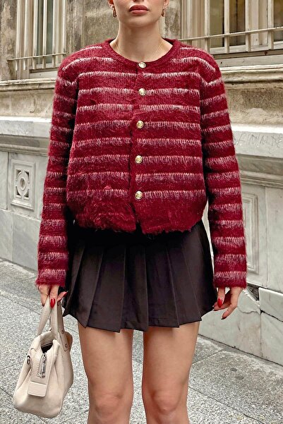 Swist Burgundy Tami Striped Bearded Gold Buttoned Women's Knitwear Cardigan