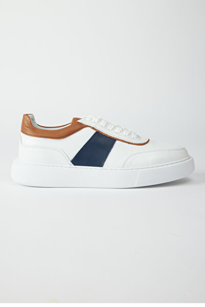 ALTINYILDIZ CLASSICS Men's White-Navy Blue 100% Leather Sneakers