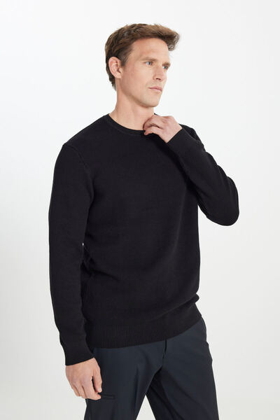 ALTINYILDIZ CLASSICS Erkek Siyah %100 Pamuk Sıcak Tutan Standart Fit Normal Kesim Bisiklet Yaka Pirinç Örgü Triko Kazak