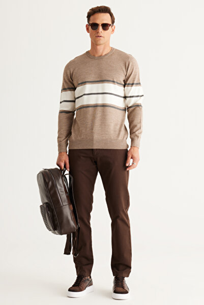 ALTINYILDIZ CLASSICS Ανδρικό ΜΠΕΖ ΜΕΛΑΝΖ-ΓΚΡΙ ΜΕΛΑΝΖ Πλεκτό πουλόβερ με ριγέ λαιμόκοψη κανονική εφαρμογή