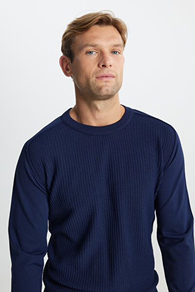 ALTINYILDIZ CLASSICS Erkek Lacivert Standart Fit Normal Kesim Bisiklet Yaka Jakarlı Triko Kazak