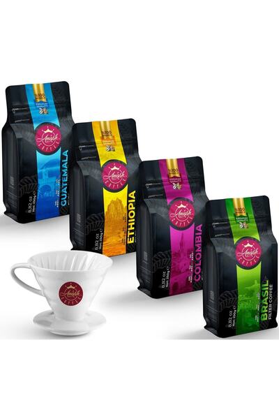 Anisah Coffee Dünya Kahveleri Keşif Seti 4 X 250 gram (ÇEKİRDEK) | Seramik Demleme Fincanı (V60) Hediyeli