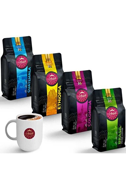Anisah Coffee Dünya Kahveleri Keşif Seti 4 X 250 gram (ÇEKİRDEK) | Filtre Kahve | 300 Cl Kupa Bardak Hediyeli