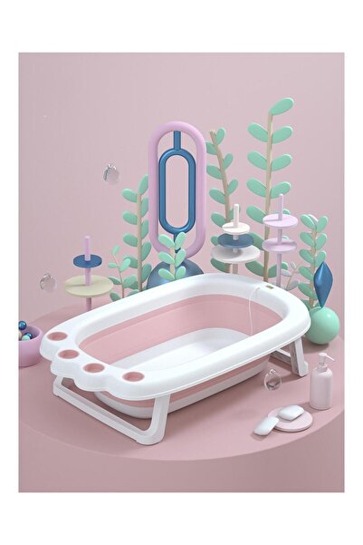 Fab N Funky Paw Designed Foldable Bath Tub with Drain Plug, Non-Slip Base, 0 Months+, Pink