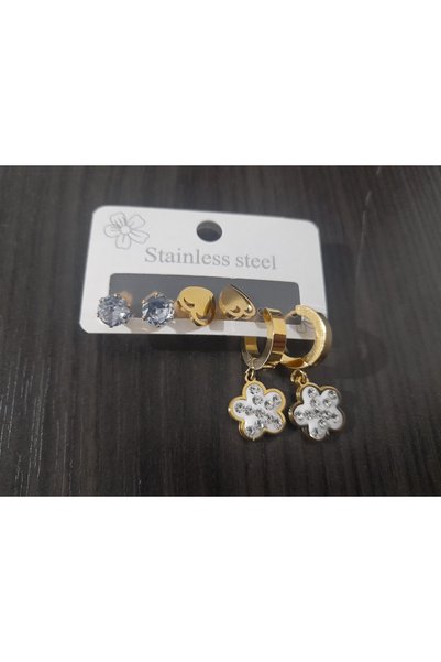 HediyeBurada 316L Set of 3 Earrings - Heart and Clover Motifs with Stone Detail Stainless Steel