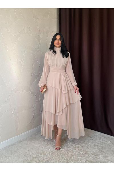 Afiş Butik Φόρεμα με πλισέ μπεζ σιφόν με τούλι μανίκια