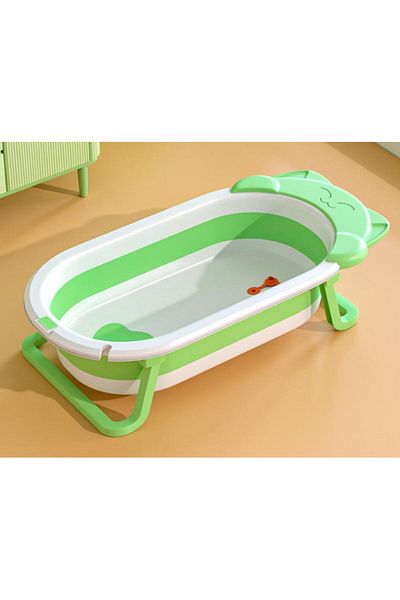 Fab N Funky Kitten Face Printed Bath Tub with Drain Plug, Foldable Design, Non-Slip Gasket, 0 Months+, Green