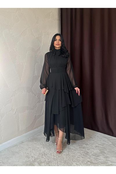 Afiş Butik Černé šifonové vrstvené sukně tylové rukávy plisované šaty