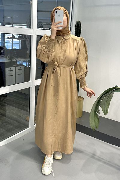 ModaSelin Ms213 Sleeve Rib Detailed Camel Dress
