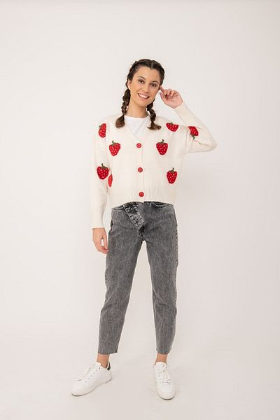 Erşan Giyim Women's Ecru Strawberry Pattern V-Neck Cardigan