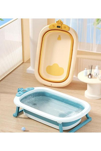 Fab N Funky Crown Designed Foldable Bath Tub with Drain Plug and Temperature Indicator, 0 Months+, Blue