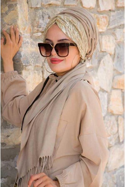 Aişe tesettür Beige Mink Drawstring Ready Shawl