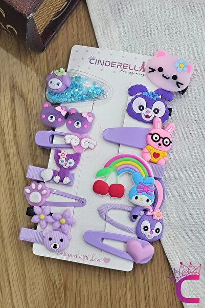 Cinderella Set de 14 agrafe pentru fete cu tonuri de roz și liliac - Agrafe de păr cu cleme colorate cu figuri mixte