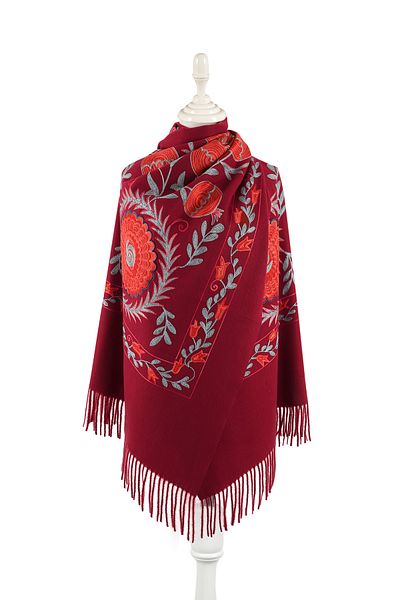 Bursa İpek Burgundy Embroidered Winter Shawl