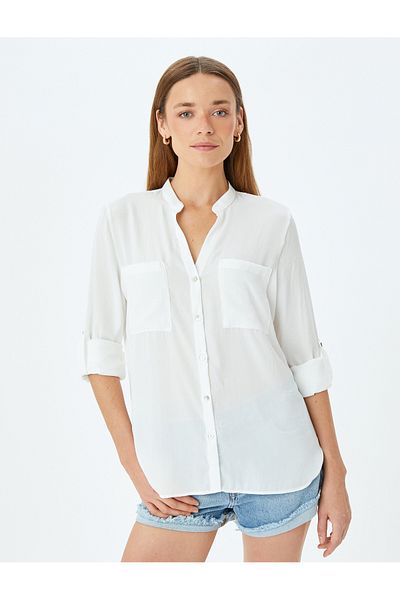 Koton Long Sleeve Stand Collar Pocket Aerobin Satin Shirt with Fold Detail