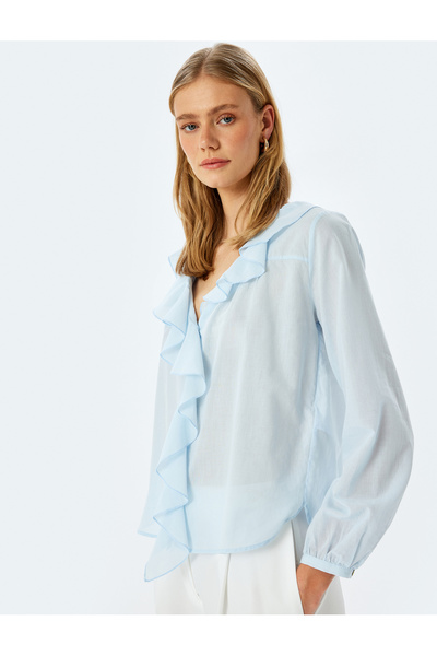 Koton قميص نسائي أزرق فاتح بأكمام طويلة 5SAK60058UW