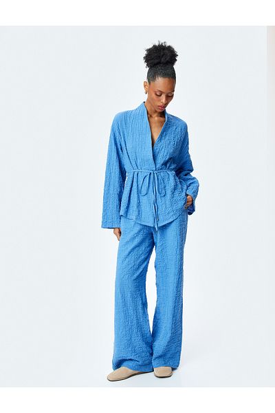 Koton Textured Long Sleeve Kimono with Cotton Belt Detail