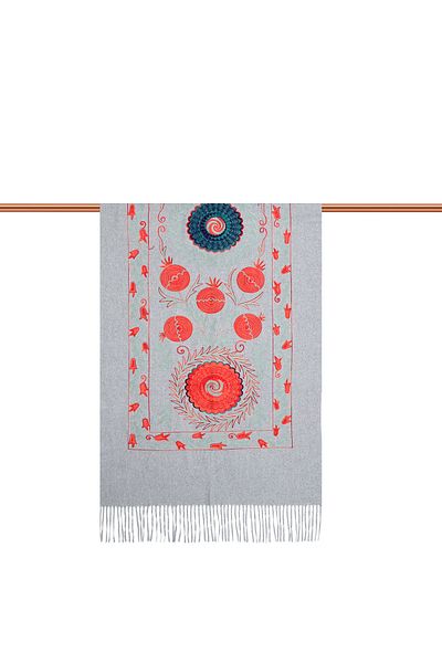 Bursa İpek Gray Embroidered Winter Shawl