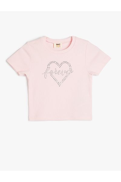Koton Stone Detailed Heart Printed Crew Neck Cotton Short Sleeve T-Shirt