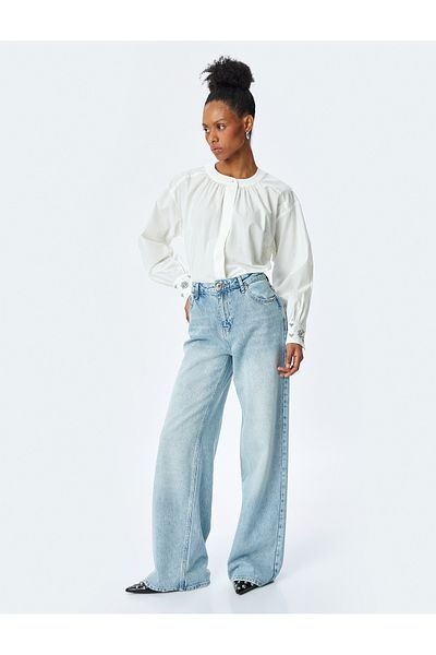 Koton Cotton Round Neck Cuffs Stone Detailed Long Balloon Sleeve Shirt