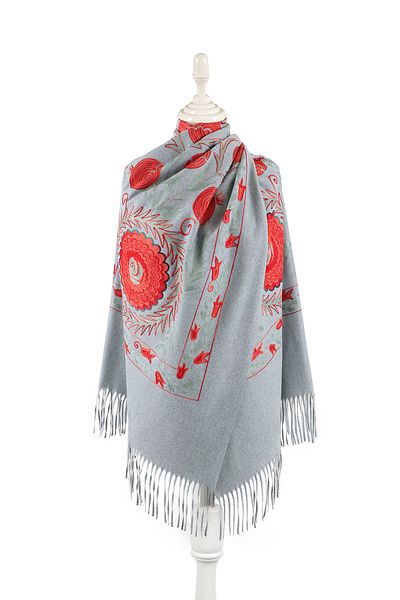 Bursa İpek Gray Embroidered Winter Shawl