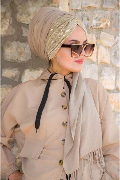 Aişe tesettür Beige Mink Drawstring Ready Shawl