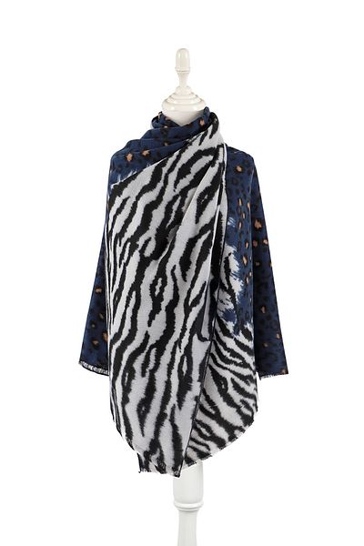 Bursa İpek Navy Blue Leopard Zebra Pattern Winter Shawl