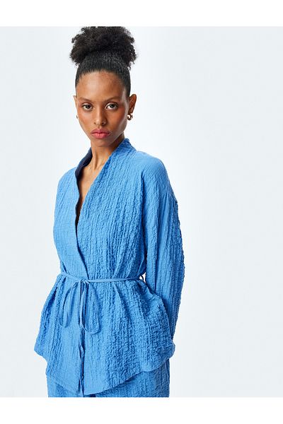 Koton Textured Long Sleeve Kimono with Cotton Belt Detail