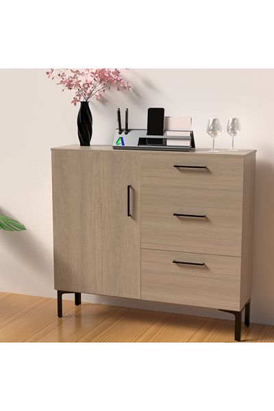Mahmayi Wooden Chest Drawer with 3 Drawers and 1 Door Storage Shelf Cabinet-Beige Grey Lorenzo Oak