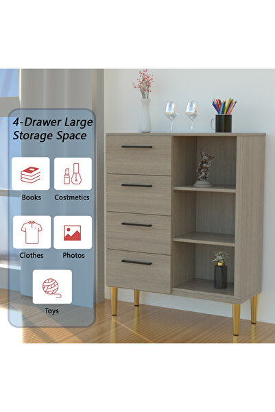 Mahmayi Wooden Chest Drawer with 4 Drawers and 3 Open Storage Shelf Cabinet-Beige Grey Lorenzo Oak