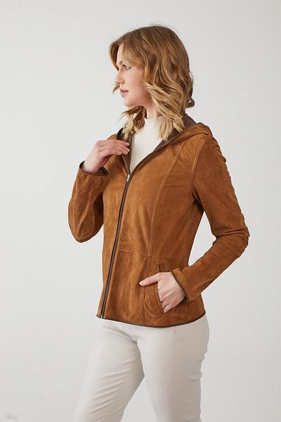 Deriderim Mustard Hedvige Women's Zippered Unlined Hooded Lightweight Double-Sided Genuine Suede Jacket