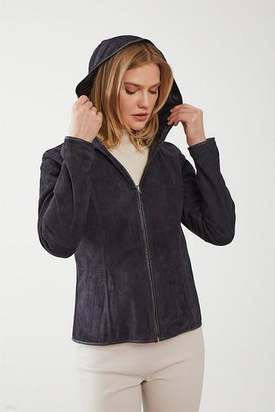 Deriderim Navy Blue Hedvige Women's Zippered Unlined Hooded Light Double Sided Genuine Suede Jacket