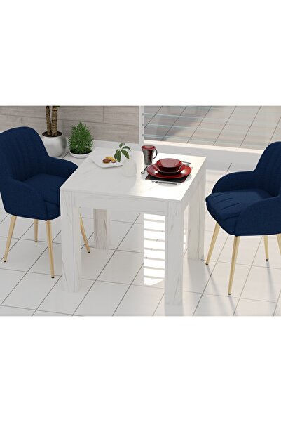 Mahmayi 2-Seater Wooden Dining Table for Kitchen, 80cm, White Levanto Marble Finish