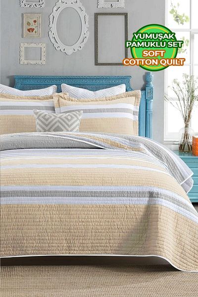 Evlen Home Collection Комплект двустранни памучни кувертюри на райета - 3 части Daily King Jelly Cappuccino