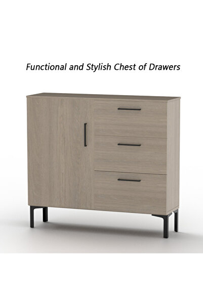 Mahmayi Wooden Chest Drawer with 3 Drawers and 1 Door Storage Shelf Cabinet-Beige Grey Lorenzo Oak