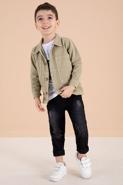 Cansın Mini Boy's 3-Piece Green Jean Set - Jacket and Trousers 20016