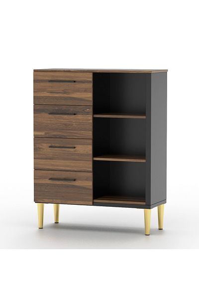 Mahmayi Wooden Chest Drawer with 4 Drawers and 3 Open Shelf Cabinet-Dark Hunton Oak and Black