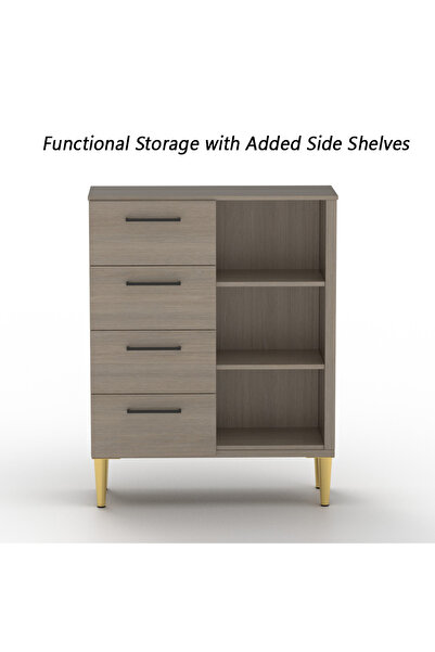 Mahmayi Wooden Chest Drawer with 4 Drawers and 3 Open Storage Shelf Cabinet-Beige Grey Lorenzo Oak