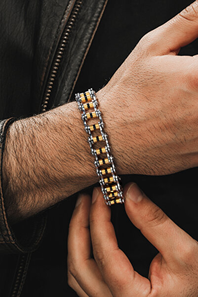 OSMANLI GÜMÜŞ Motosiklet Zinciri Erkek Çelik Bileklik Sarı Beyaz Model