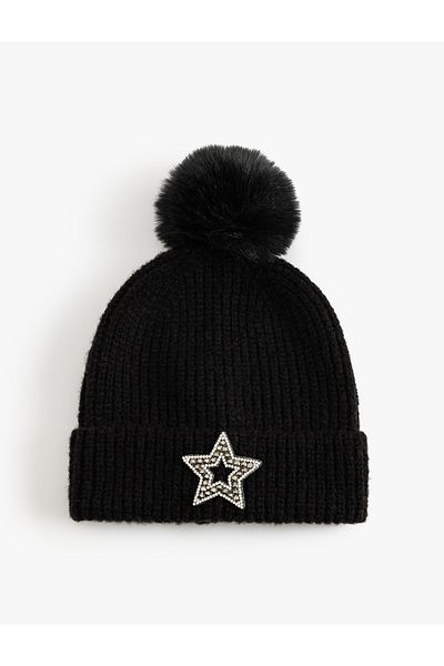 Koton Star Embroidered Beanie Stone Pom Pom Detailed Layered