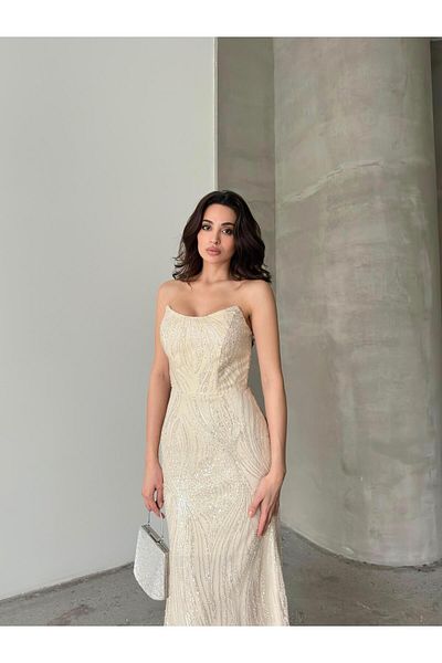 Serica Moda Βραδινό φόρεμα με στράπλες κεντημένο με παγιέτες εκρού
