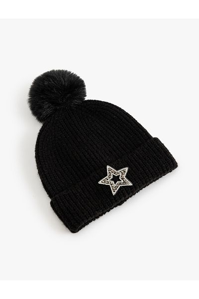 Koton Star Embroidered Beanie Stone Pom Pom Detailed Layered