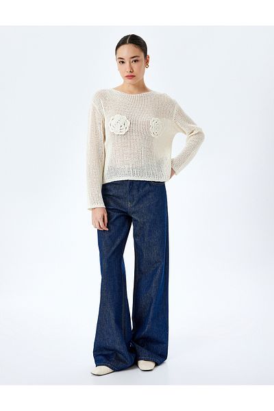 Koton Openwork Applique Floral Detailed Long Sleeve Knitwear Sweater