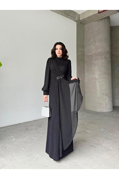Serica Moda Siyah Taş Detaylı Uzun Kol Simli Abiye Elbise
