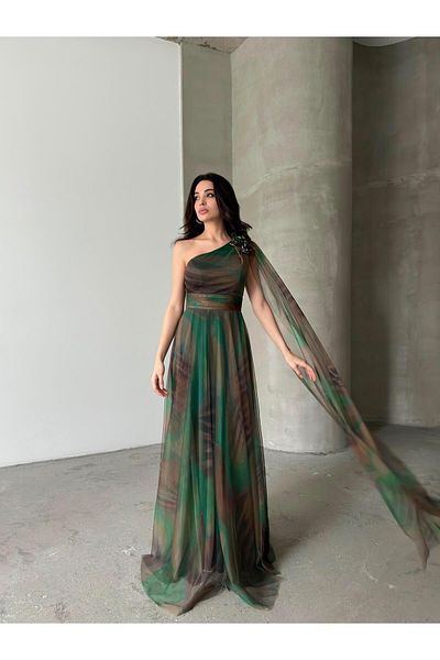 Serica Moda Green Shoulder Wrap Floral Detailed Long Evening Dress