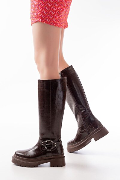 Mida Shoes 236-3021 Kahve Kroko Günlük Kadın Çizme